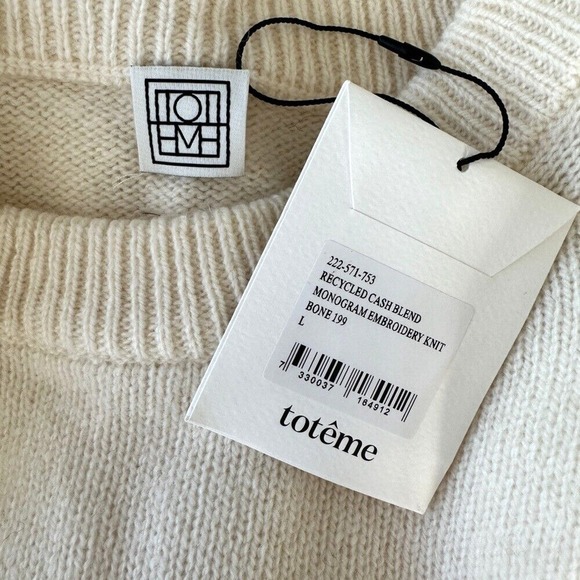 Toteme Sweater‎ Large Oversized Boxy Ivory Cashmere Blend Monogram Quiet Luxury - Picture 9 of 11